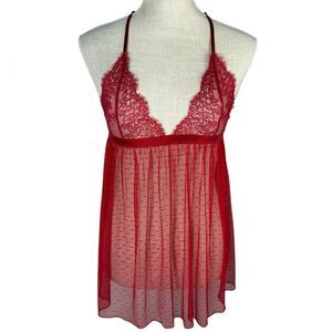 Victoria's Secret Red All Over Lace Mesh Babydoll Chemise Lingerie Dress
